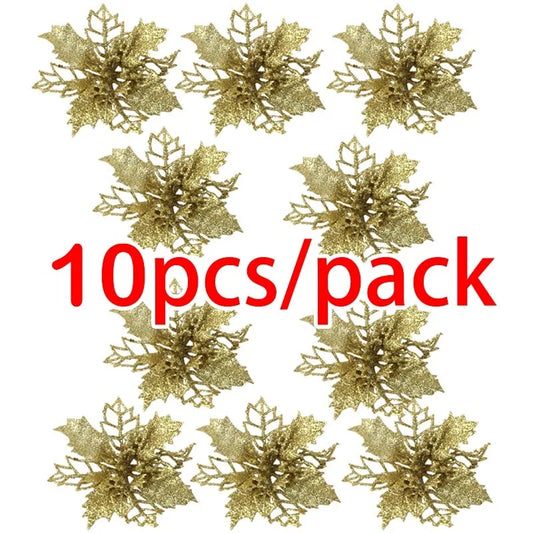 Artificial Christmas Tree Flower – Glitter Decorations (Set of 10 pcs)